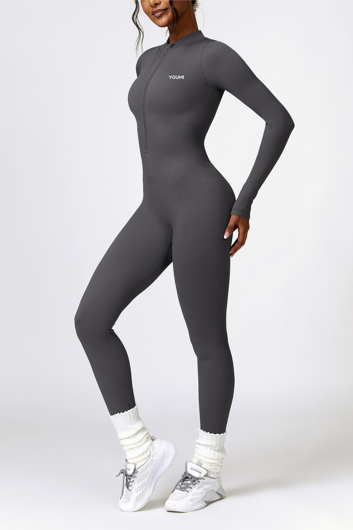 Zip Jumpsuit W Sleeves-Grey Latte