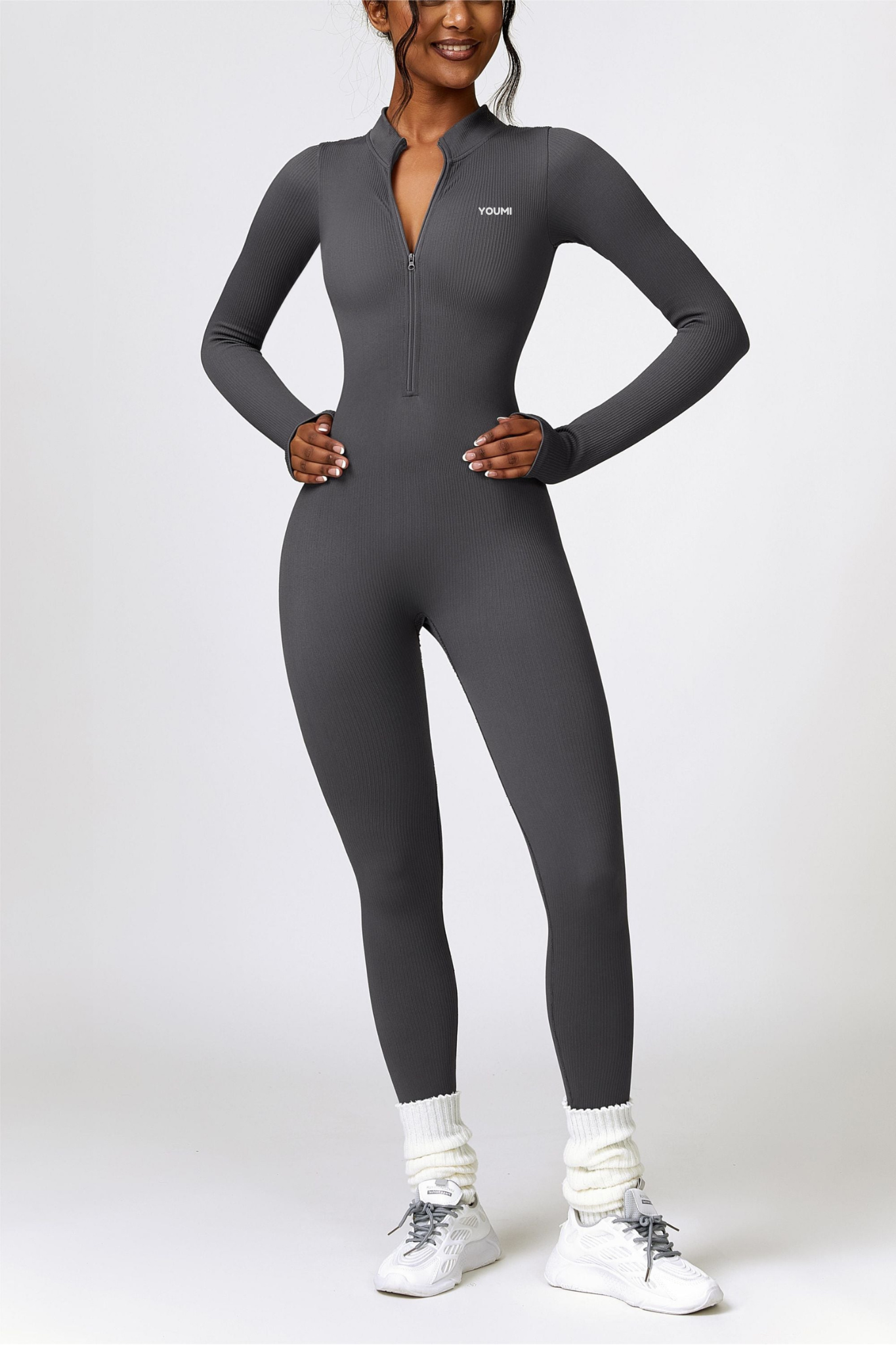 Zip Jumpsuit W Sleeves-Grey Latte